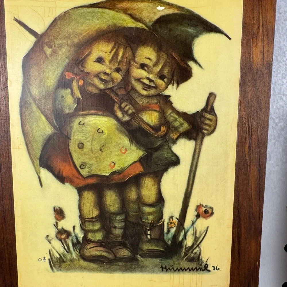 Vintage Hummel Wood Wall Plaques Pair‎ Umbrella Boy and Girl Art Prints Goebel